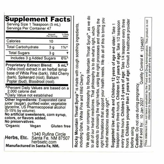 Rocky Mountain Throat Syrup, HET
